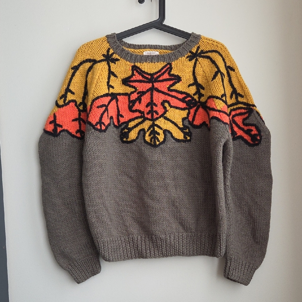 80's Wool Olive Orange Mustard Handknit Chunky Vibrant EUC Leaf Pattern Sweater